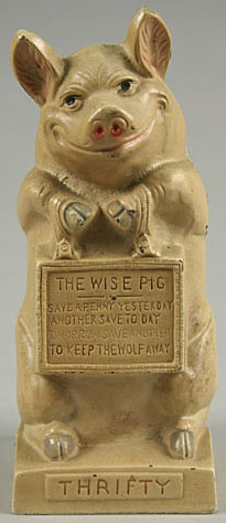 Hubley Wise Pig Still Bank, cast iron piggy bank in cream and pink paint