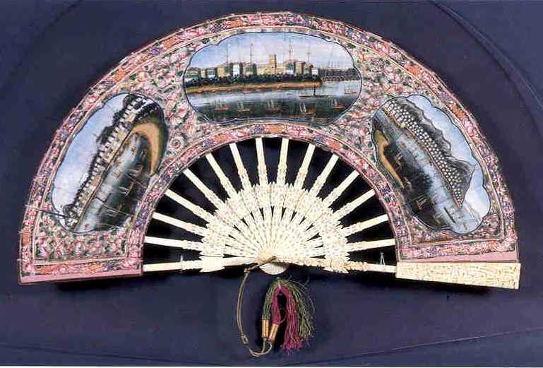 Chinese export carved ivory and painted paper fan depicting three port scenes; Macao, Canton and Hong Kong