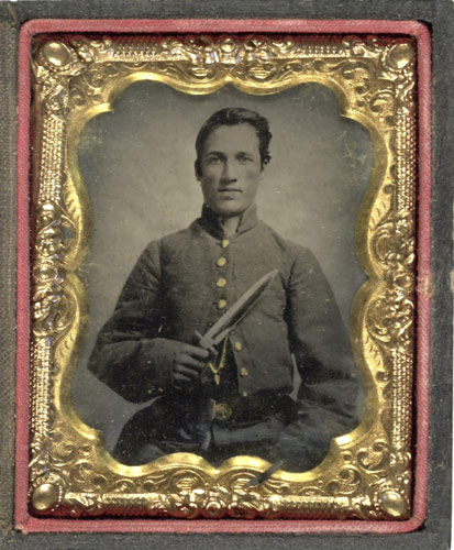 Ninth plate tintype of an young Confederate soldier with a Bowie knife