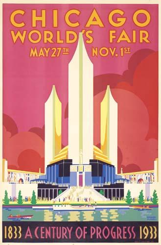 1933 poster by Weimer Pursell for the Chicago World's Fair, depicting the Hall of Science