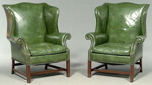 Loeblein leather Georgian style wing armchairs
