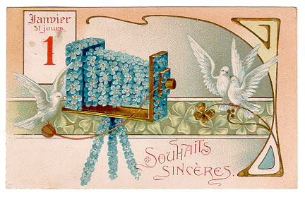 New Year's postcard showing a floral interpretation of a camera, circa 1910