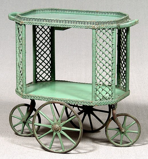 Furniture Wicker; Heywood Wakefield, Tea Cart, Octagonal Frame, Galleried Top.