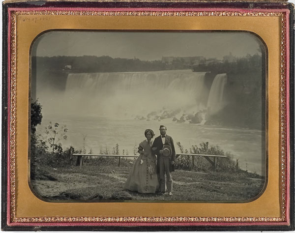 Full plate ambrotype of a honeymooning couple at Niagara Falls