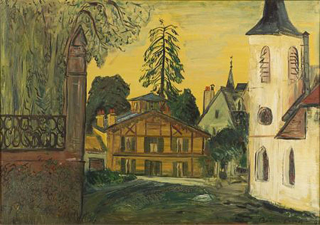 An oil on canvas painting by Ludwig Bemelmans (1898 to 1962). <b><i>Marly Le Roy</i></b>, signed "Bemelmans" lower right, titled and dated "...JUNE '57" on the reverse.