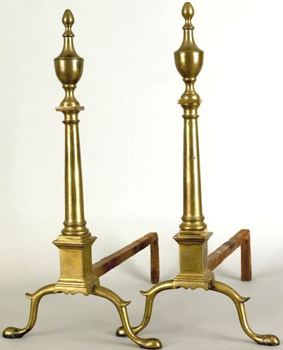 Pair of Federal brass andirons stamped R Wittingham N York