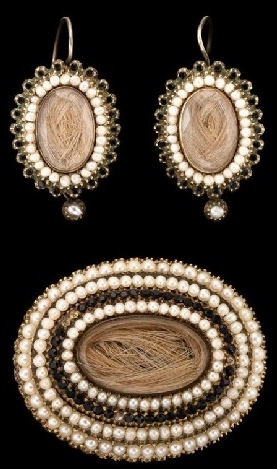 Victorian mourning earrings & brooch with hair under glass