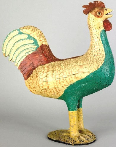 Joseph Gregory, folk art carved rooster with leather comb