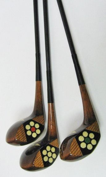 McGregor Chieftain golf clubs, set of 3 swan neck fancy face woods, circa 1929