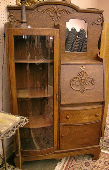 Furniture: Secretary; Victorian, Golden Oak, Curved-Glass Door, Slant-Lid Desk, Beveled Mirror.