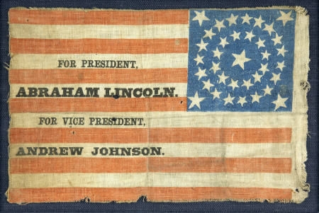 Abraham Lincoln & Andrew Johnson 1864 campaign flag. Unusual style with stars in the upper right-hand quadrant