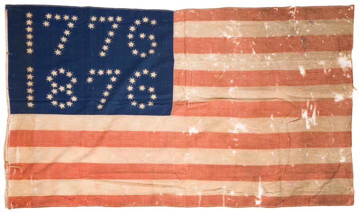 American Centennial flag, circa 1876, wool, printed and machine sewn, with "1776 1876" in the canton