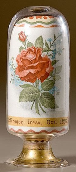 Andrew Clemens folk art sand bottle with rose over McGregor, Iowa, Oct. 1892 caption