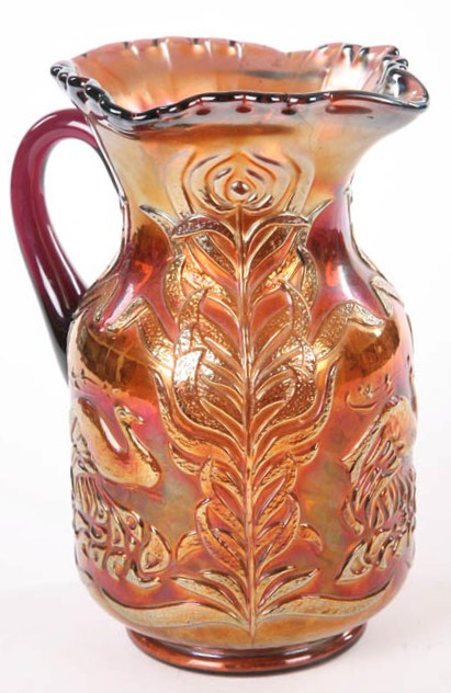 Fenton Carnival glass amethyst pitcher, Fluffy Peacock pattern 
