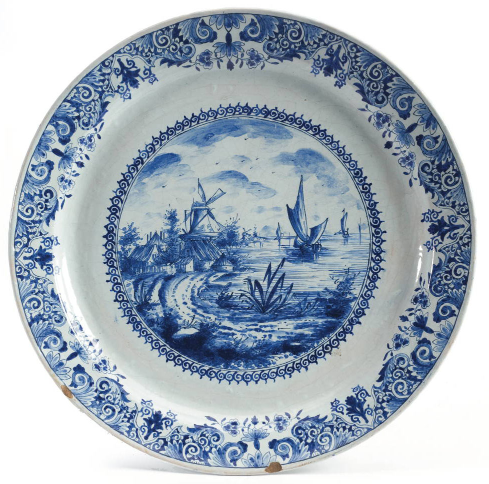 Delft Pottery; Dutch, Dish, Circular, Harbor Scene & Windmill, Blue
