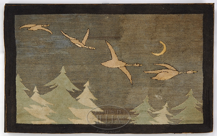 Grenfell hooked rug depicting flying geese Grenfell hooked rug depicting flying geese