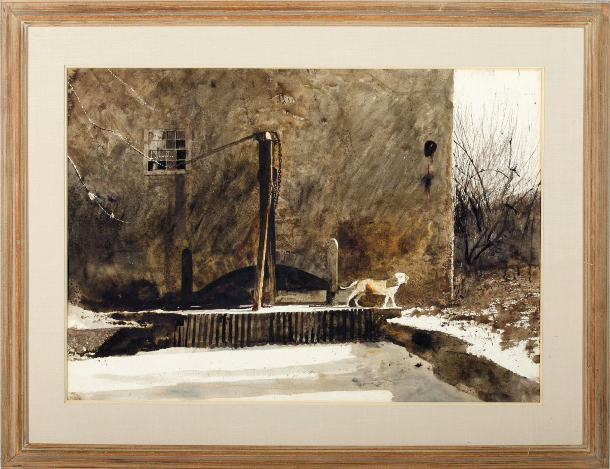 Andrew Wyeth painting, Frozen Mill Race at Chadds Ford with Wyeths Dog, Nell Gwyn