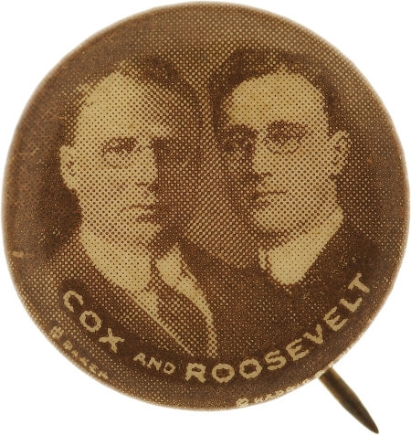 James Cox & Franklin Roosevelt jugate button rarity from the 1920 presidential campaign