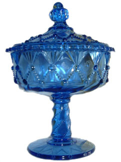 Greentown glass Cord Drapery pattern cobalt blue compote and flat lid 