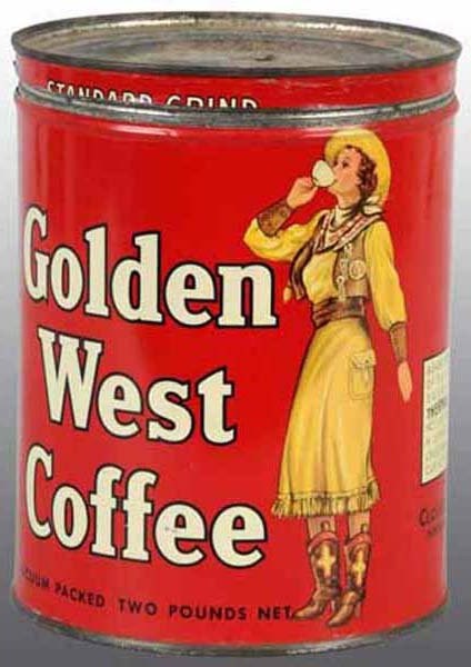 Golden West Coffee tin canister by the Chosset and Deavers Company, with cowgirl image