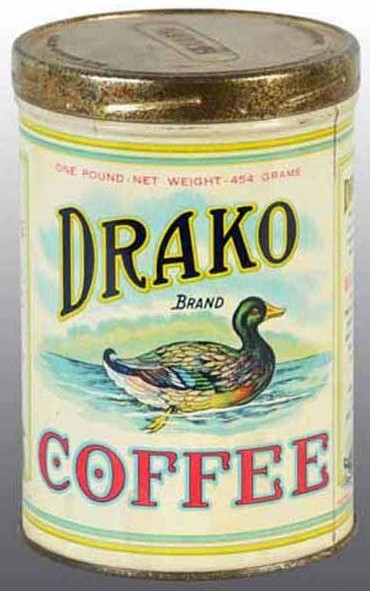 Drako Brand Coffee tin canister with Mallard duck graphic on front and back by Drake and Company