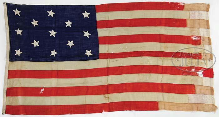 A 13 star American Navy flag with hand-sewn stars belong to Anna Rowell Philbrick Decatur wife of Stephen Decatur