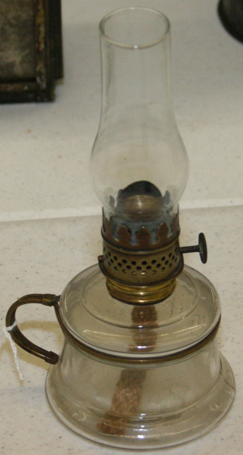 Oil Lamp; Miniature, Nutmeg, Colorless Glass.