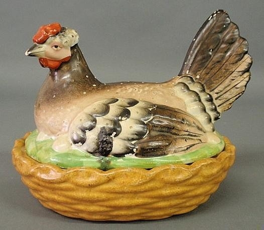 Staffordshire porcelain figure hen-on-nest dish