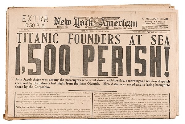 Early account of Titanic sinking in New York American newspaper
