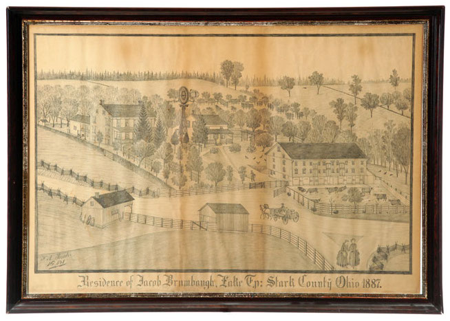 A drawing by Ferdinand Brader, farm scene, numbered 541 and titled below Residence of Jacob Brumbaugh, Lake Tp: Stark County, Ohio 1887