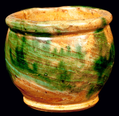 Redware jar, scroddled, with copper glaze