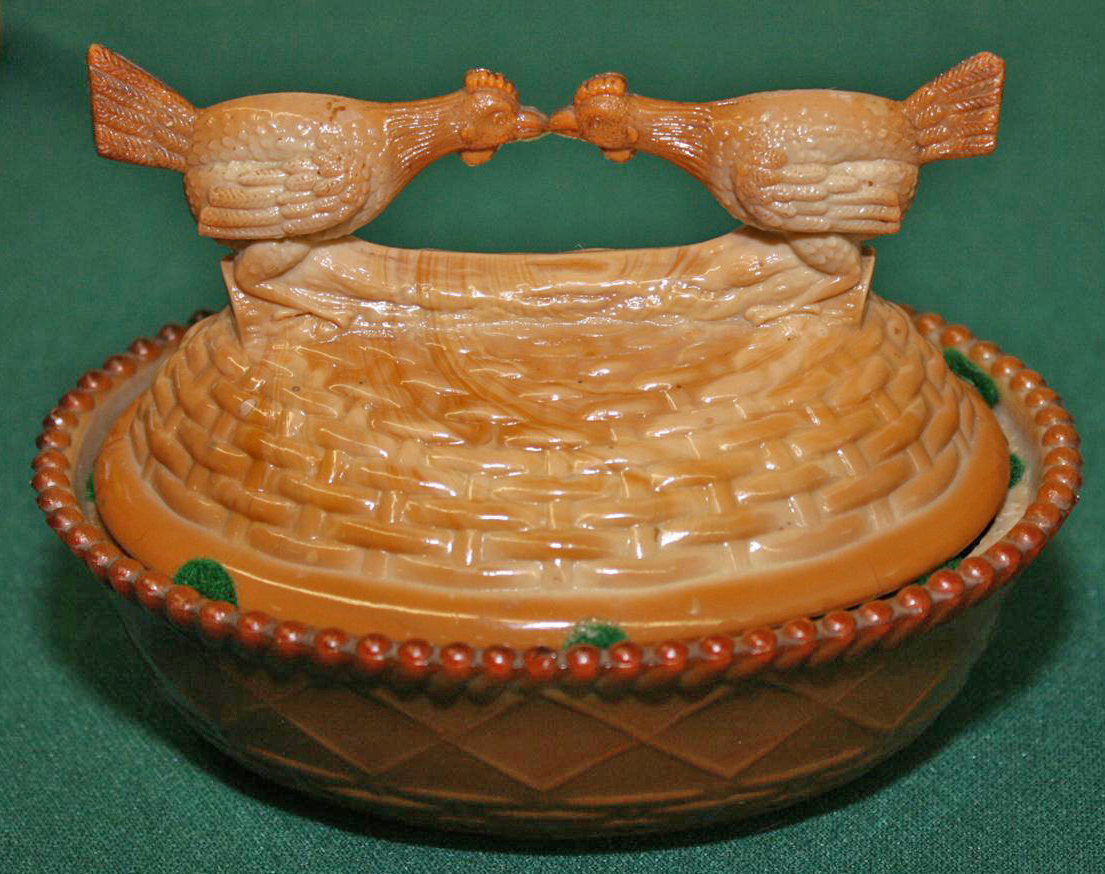Greentown Glass Co, chocolate Fighting Cocks covered dish