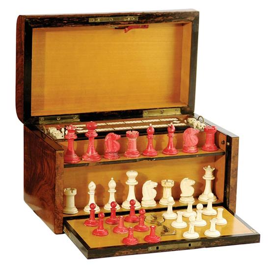 English Wedgwood & Son burl walnut game box or compendium with chess set, cribbage board and checkers
