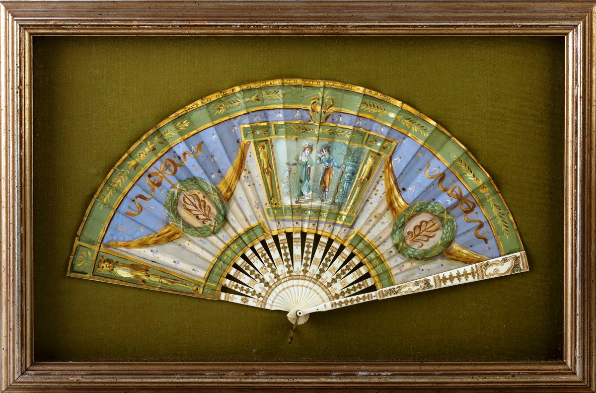 19th century finely-painted and gilt silk and ivory Neoclassical folding fan