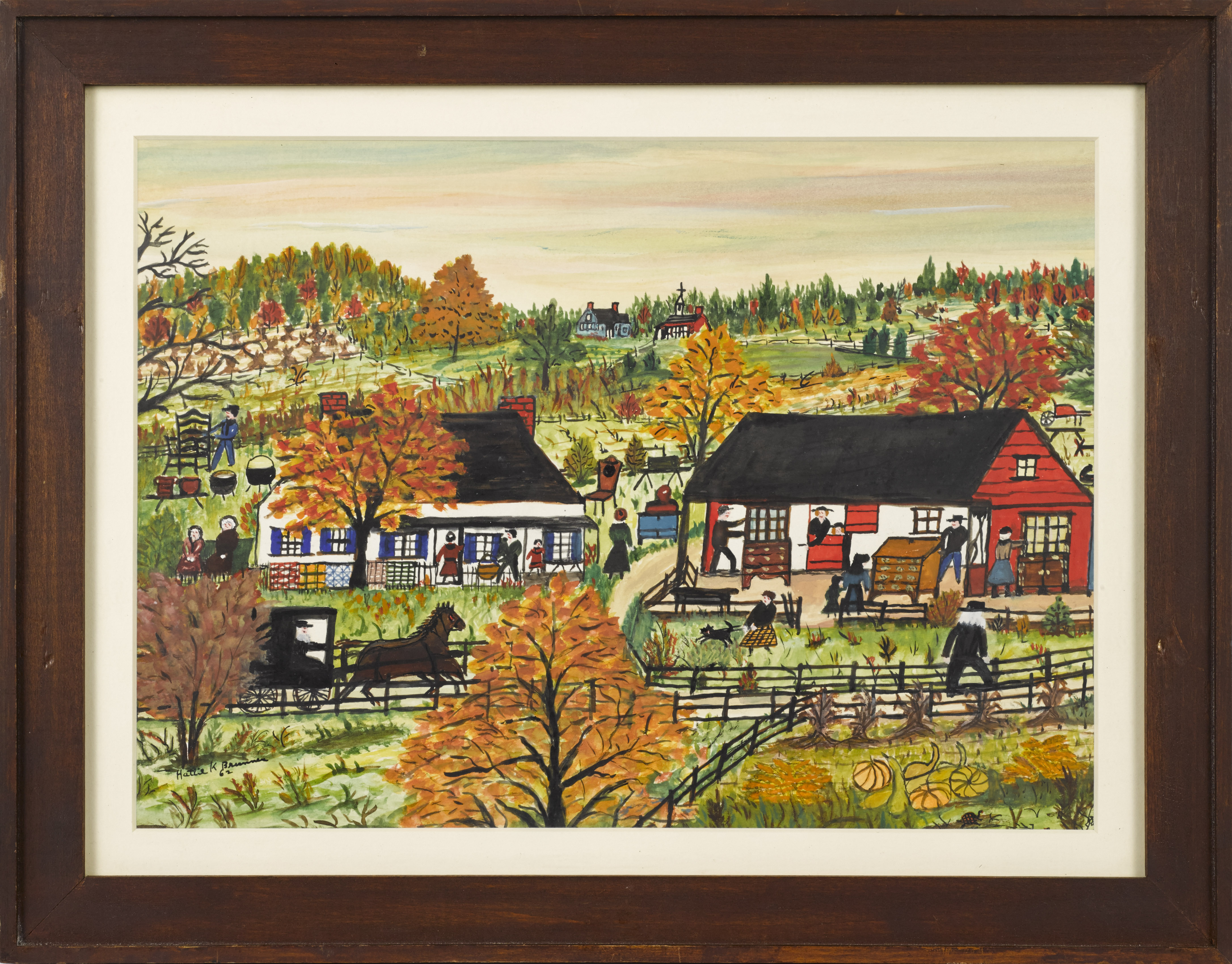 Hattie Klapp Brunner (American, 1889-1982) watercolor and gouache on paper painting, fall Amish auction scene, signed and dated '62 in lower left.