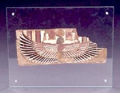 An Egyptian cartonnage fragment, Ptolemaic period, 304 to 30 B.C., painted with the outstretched wings of the goddess Nut.