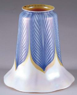 Lamp Shades  Feathers on Lamp Shade Having Subtle Opal Panels With Intense Blue Pulled Feathers