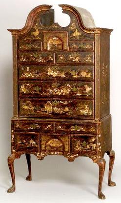 A rare Queen Anne japanned maple and pine [highboy or] high chest of drawers, signed "Rob Davis" in script, Boston, Massachusetts, 1735-1739.