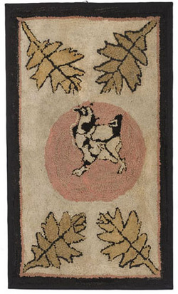 Hooked rug depicting a black and white hen