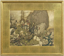 A watercolor and ink on illustration board by Arthur Rackham (British, 1867 to 1939), illustration from Washington Irving's Rip Van Winkle in Newcomb-Macklin frame