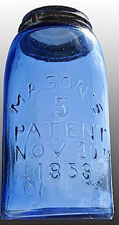 A quart cobalt Masons glass fruit or canning jar with embossed Patent Nov 30th 1858