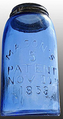 A quart cobalt Masons glass fruit or canning jar with embossed Patent Nov 30th 1858 A quart cobalt Masons glass fruit or canning jar with embossed Patent Nov 30th 1858