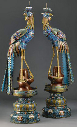 Cloisonne enamel phoenix candlesticks on stands