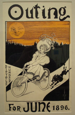Outing magazine poster, June 1896 - fall colors with the Man In The Moon winking at this lovely lady on her bicycle