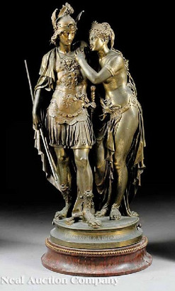 antiques price guide, antiques priceguide, sculpture, , A late 19th century French bronze sculptural group of Aeneas Taking Leave of Dido, after Jean-Baptiste Germain (French, 1841 to 1910), signature inscribed on right top surface of base, title incised on front molding, extensive remains of gilding, on a Rouge Royale marble rotary base (stamped depose C.K. on the central bearing); together with a cylindrical giallo antico marble pedestal, molded capital and plinth.<br><br>
Note: The exceptionally detailed and sensitive modeling of this monumental group, together with its masterly chasing, combine to create an intensely poignant image of this famous scene from Virgil's Aeneid, in which Aeneas' sense of mission, for the foundry of Rome, causes him to abandon his love for the Queen of Carthage.