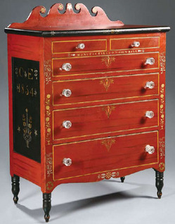Furniture: Chest; Sala (John), Red & Black Paint, Floral Stenciling, Scrolled Backsplash, 6 Drawers, Turned Legs.