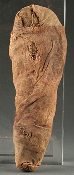 An Egyptian mummified bird, circa 1500 B.C., wrapped in layers of linen.