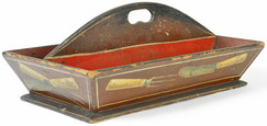 An American painted pine knife box with "trompe l'oeil decoration" circa 1830 and with red interior and central arched divider.