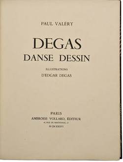 books, France, Paul Valery, <b><i>Degas Danse Dessin</i></b>, Paris, Ambroise Vollard editeur, 1936, bound by Jacques Anthoine Legrain, copy 55/305, 26 original color aquatint etchings, signed J. Anthoine Legrain inside front cover, with Rosenthal book plate, matching slip case with gilt tooling and edges. Book dealer's name and code in pencil on one front paper.