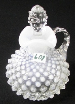 A Fenton glass cruet and stopper, French Opalescent, Hobnail pattern. 